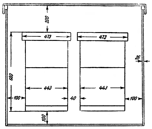 Рис. 25. Схематический поперечный рязрез защитного ящика на четыре улья